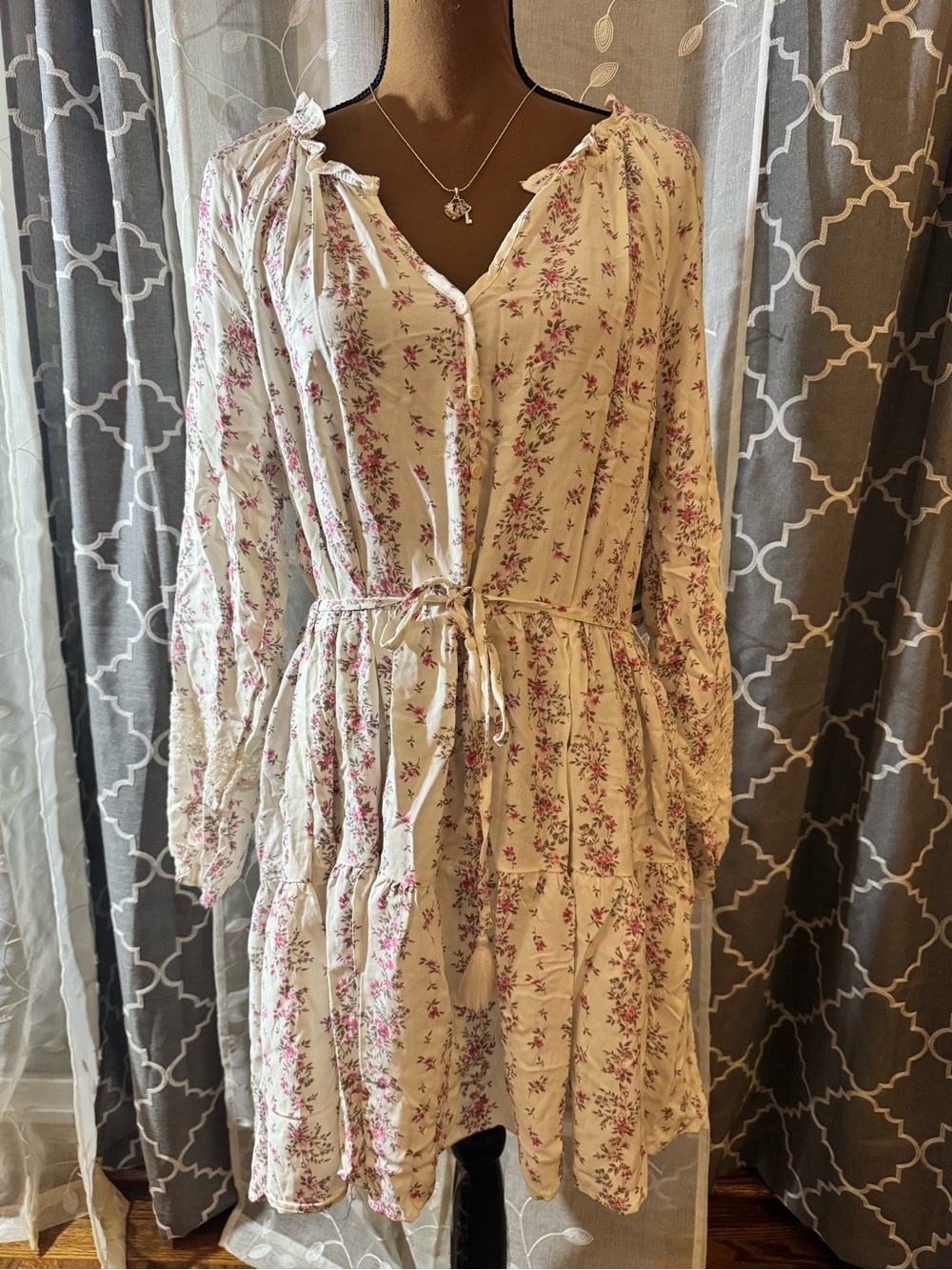 Wallflower Women's Cream Floral Tie-Waist Peasant Dress